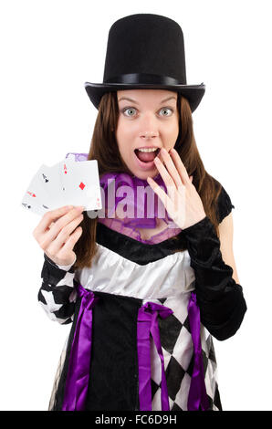 Jolie fille en costume de bouffon avec cartes isolated on white Banque D'Images