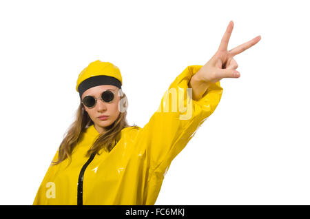 Femme en costume jaune isolated on white Banque D'Images