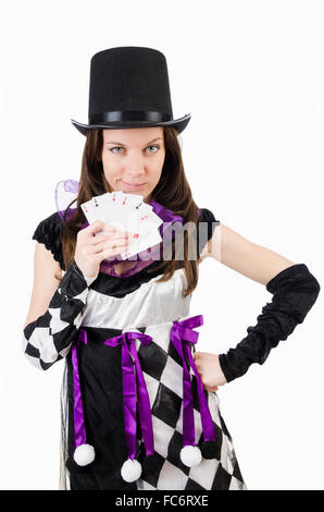 Jolie fille en costume de bouffon avec cartes isolated on white Banque D'Images