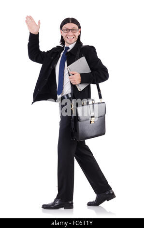 Young businessman holding briefcase isolated on white Banque D'Images