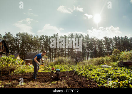 Caucasian man working in garden Banque D'Images