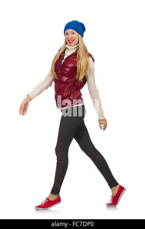 Cheveux blonds girl in bordo vest isolated on white Banque D'Images