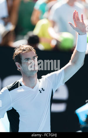 Melbourne, Australie. 21 Jan, 2016. Andy Murray de Royaume-uni célèbre remportant un 2ème match contre Sam Groth de l'Australie au jour 4 de l'Australian Open 2016 Tournoi de tennis du Grand Chelem à Melbourne Park, Melbourne, Australie. Andy Murray a gagné 60 64 61 Faible Sydney/Cal Sport Media/Alamy Live News Banque D'Images