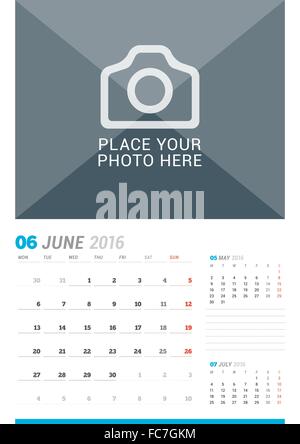 En juin 2016. Calendrier mensuel mural pour l'année 2016. Modèle d'impression vecteur Conception avec place pour la photo et le lieu pour des notes. 3 mois Illustration de Vecteur