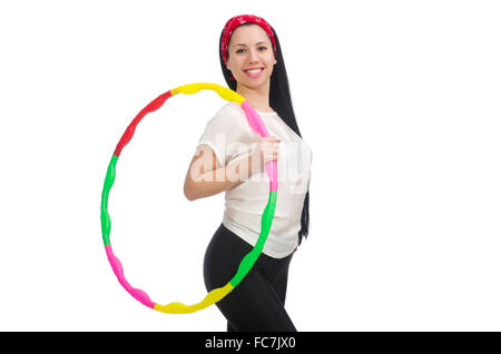 Une fille dans le sport costume avec hula hoop isolated on white Banque D'Images