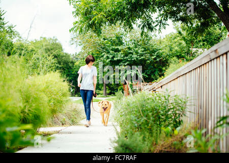 Caucasian woman walking dog in park Banque D'Images