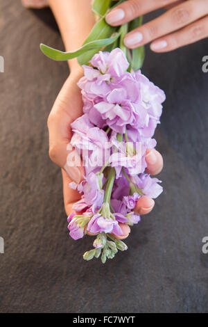 Hispanic woman holding Flowers Banque D'Images