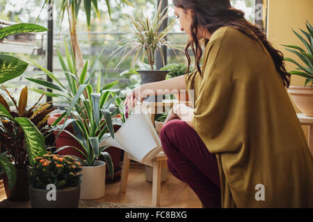 Caucasian woman watering potted plants Banque D'Images