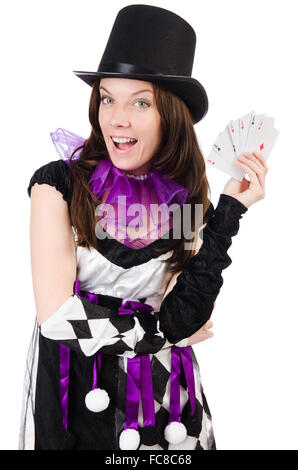 Jolie fille en costume de bouffon avec cartes isolated on white Banque D'Images