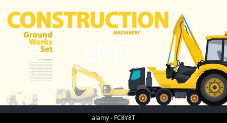 Ensemble jaune de machines de construction machines véhicules, excavatrice. L'équipement de construction de bâtiment. Camion, Digger, grue, Bagger, Mix, vecteur. Illustration de Vecteur
