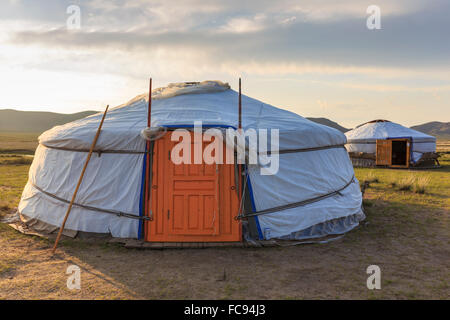 Gers un soir d'été, les montagnes lointaines, Khogno Khan Uul, réserve naturelle de Gurvanbulag Bulgan, Province du Nord, la Mongolie Banque D'Images