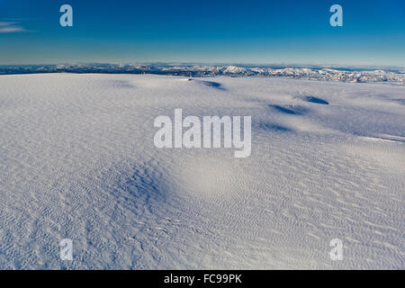 Vue aérienne de la zone par Katla, un volcan sous-glaciaire sous la calotte glaciaire de Myrdalsjokull, Islande. Banque D'Images