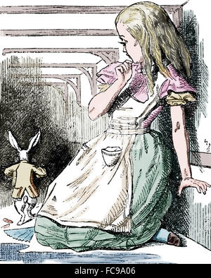 Aventures d'Alice au Pays des merveilles de Lewis Carrol (1832-1898). Scène . La gravure. La couleur.