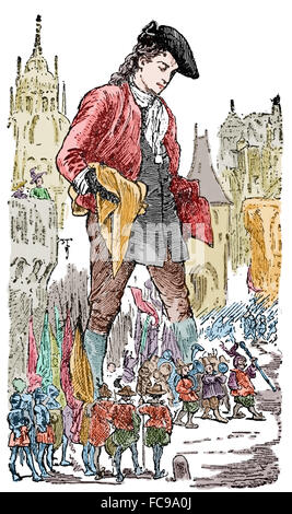 Les Voyages de Gulliver de Jonathan Swift, 1726. Le groupe joue lilliputiennes pour Gulliver. Gravure, 1909, USA. La couleur. Banque D'Images