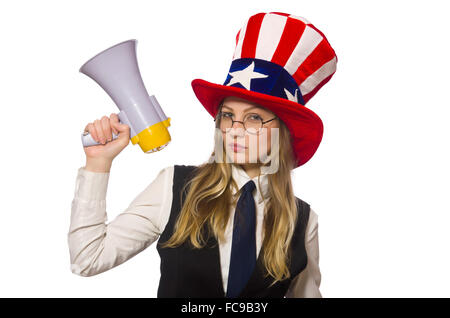 Woman wearing hat avec symboles américains Banque D'Images