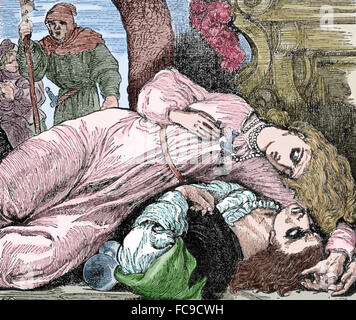 Roméo et Juliette de William Shakespeare (1564-1616) écrit. La gravure. La mort de Juliette. Color Banque D'Images