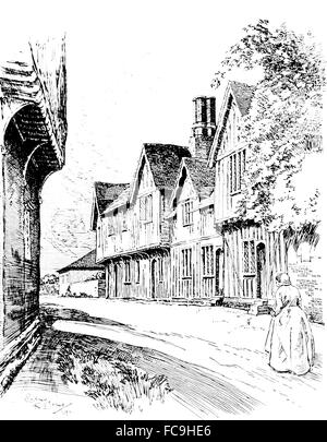 Royaume-uni, Angleterre, Suffolk, Leavenheath cadre en bois Maisons jettied, 1911, illustration par ligne, Sydney R Jones Banque D'Images