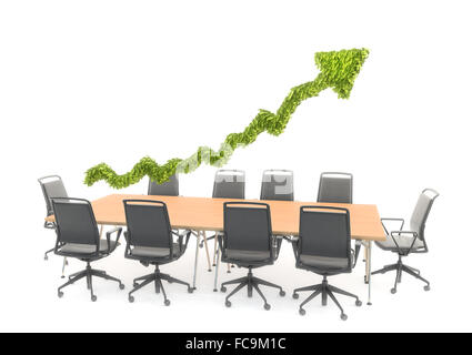 Une flèche graphique graphique planant au-dessus d'une table de conférence - présentation et concept de stratégie Banque D'Images