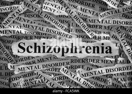 La schizophrénie. Morceaux de papier avec le mot Schizophrénie et trouble mental. Notion de droit. Noir et blanc. Libre. Banque D'Images