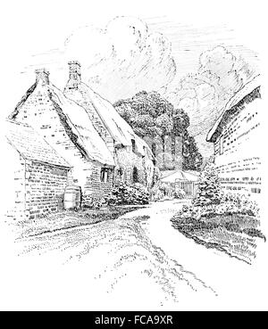 Royaume-uni, Angleterre, Northamptonshire, Wilbarston, thatched cottage garden 1911 illustration par ligne, Sydney R Jones Banque D'Images