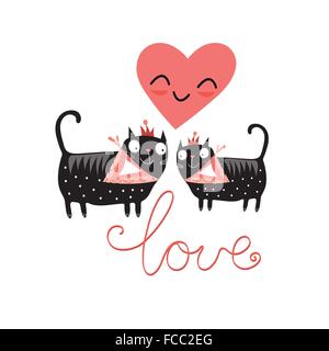 Les chats d'amour et de coeur sur un fond bleu avec des nuages Illustration de Vecteur