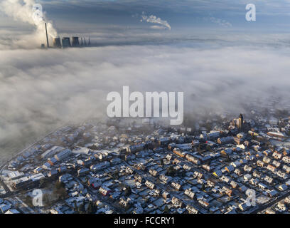 Brouillard au sol, aériennes, nuages bas, RWE Power, Gersteinwerk, centrale à charbon, inversion de température plus Bockum-Hovel, Hamm, Banque D'Images