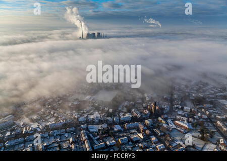 Brouillard au sol, aériennes, nuages bas, RWE Power, Gersteinwerk, centrale à charbon, inversion de température plus Bockum-Hovel, Hamm, Banque D'Images