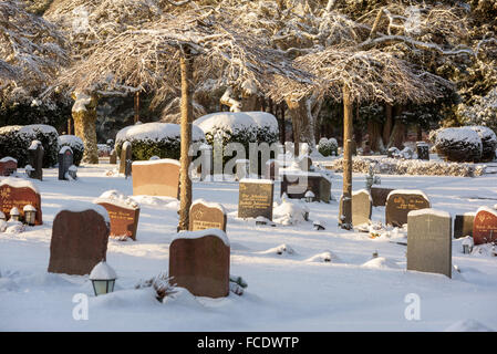 Ronneby, Suède - le 20 janvier 2016 : Bredakra cimetière en hiver. La neige recouvre le paysage et les pierres tombales cette journée froide. Banque D'Images