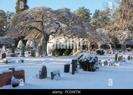 Ronneby, Suède - le 20 janvier 2016 : Bredakra cimetière en hiver. La neige recouvre le paysage et les pierres tombales cette journée froide. Banque D'Images