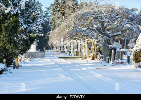 Ronneby, Suède - le 20 janvier 2016 : Bredakra cimetière en hiver. La neige recouvre le paysage et les pierres tombales cette journée froide. Banque D'Images