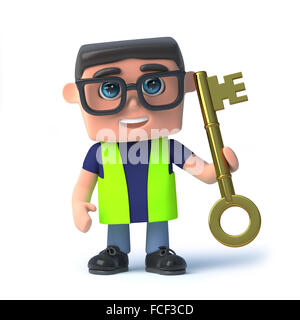3D render d'un agent de santé et de sécurité avec une clé d'or. Banque D'Images