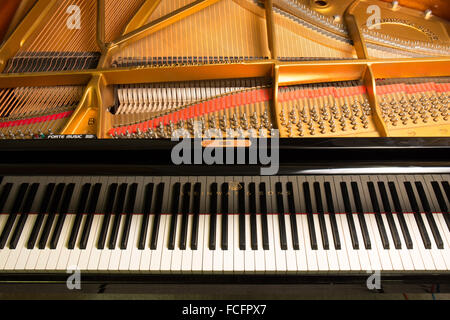 Gros plan d'un Steinway & Sons noir piano modèle b avec le couvercle ouvert montrant les touches, cordes et logo Banque D'Images