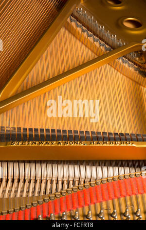 Gros plan d'un Steinway & Sons noir piano modèle b avec le couvercle ouvert montrant les cordes à l'intérieur Banque D'Images