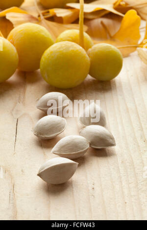 Jaune à maturité des fruits et des noix de Ginkgo biloba Banque D'Images