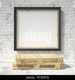 Maquette affiche avec palette en bois. Rendu 3D illustration isolé sur fond blanc Banque D'Images