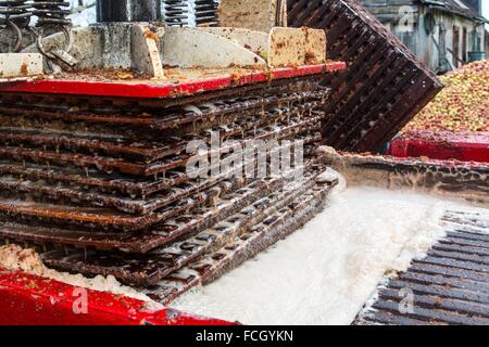 Sacs de jute REMPLIS DE POMMES écrasées entre les lattes de bois SOUS LA PRESSE HYDRAULIQUE POUR EXTRAIRE LE JUS, LE FAIRE Banque D'Images
