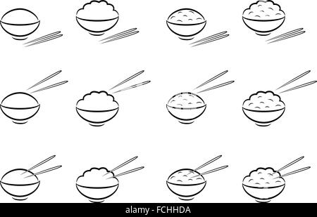 Bol de riz avec des baguettes de symbole dans la ligne de style art Illustration de Vecteur