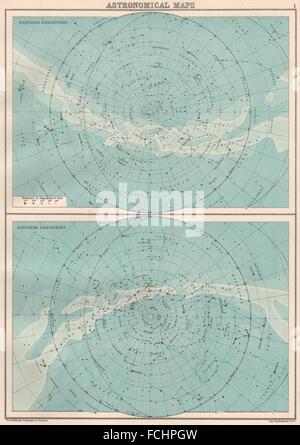 Cartes astronomiques : le Nord et l'hémisphère Sud. BARTHOLOMEW, 1891 Banque D'Images