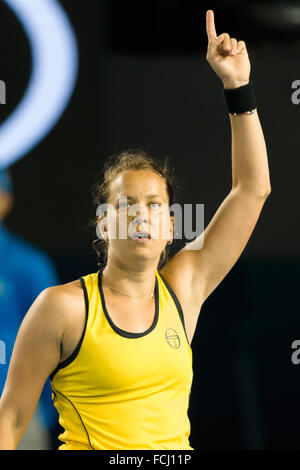 Melbourne, Australie. 23 Jan, 2016. Barbora Strycova de République tchèque célèbre sa victoire dans un 3ème match contre Garbine Muguruza de l'Espagne au jour 6 de l'Australian Open 2016 Tournoi de tennis du Grand Chelem à Melbourne Park, Melbourne, Australie. Barbora Strycova a gagné 6362. Bas Sydney/Cal Sport Media/Alamy Live News Banque D'Images