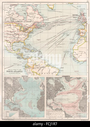 Les routes maritimes de l'ATLANTIQUE NORD : les courants de profondeurs des câbles télégraphiques, 1891 Ancien site Banque D'Images