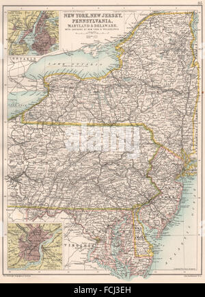 MID ATLANTIC STATES : NY NJ New Jersey, MD Delaware. NYC Philadelphia, 1891 map Banque D'Images