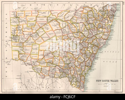 Nouvelle Galles du Sud : Carte montrant l'état de comtés. L'Australie. BARTHOLOMEW, 1891 Banque D'Images