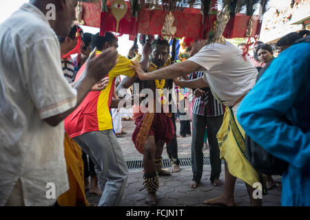 Kuala Lumpur, Malaisie, les grottes de Batu. 23 Jan, 2016. Dévot hindou prépare le kavadi avant de prendre part à la procession de Thaipusam dans les grottes de Batu. Pour marquer ce jour, les Hindous dévots pierce différentes partie de son corps avec divers groupes des brochettes et faire des pots de lait sur leurs têtes le long de deux kilomètres pour célébrer l'honneur de Lord Subramaniam (Lord Murugan) dans les grottes de Batu, l'un des plus populaires de culte en dehors de l'Inde et le point focal pour célébrer le Festival de Thaipusam en Malaisie. Credit : ZUMA Press, Inc./Alamy Live News Banque D'Images