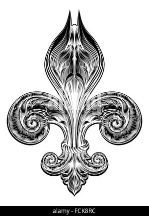Illustration originale d'une fleur de lis symbole héraldique design décoratif ou dans un style vintage sur bois Banque D'Images