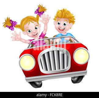 Cartoon boy and girl having fun conduite rapide dans une voiture Banque D'Images