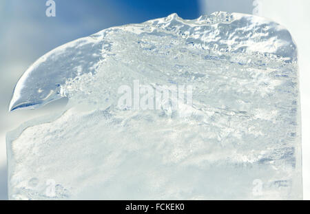 Haut transparent fusion morceau de glace éclairée par le soleil du printemps libre. Banque D'Images