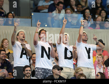 Melbourne, Australie. 23 Jan, 2016. Fans de Andy Murray au troisième tour du simple messieurs entre Le Portugais Joao Sousa et Andy Murray de Grande-Bretagne à l'Australian Open Tennis Championships à Melbourne, Australie, le 23 janvier 2016. Credit : Bi Mingming/Xinhua/Alamy Live News Banque D'Images