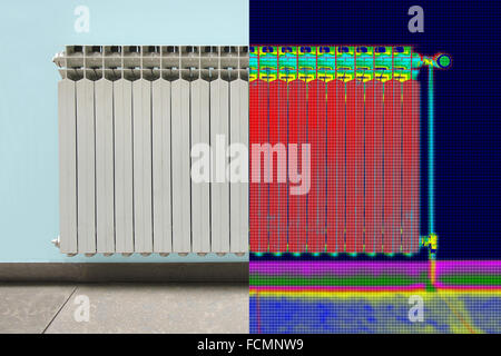 La thermographie infrarouge et l'image réelle du radiateur de chauffage dans chambre Banque D'Images