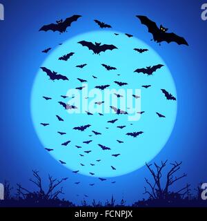 Les chauves-souris noires silhouettes sur big blue moon à fond sombre Illustration de Vecteur