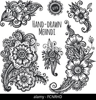 Des fleurs dessinées à la main mehendi vector set Illustration de Vecteur